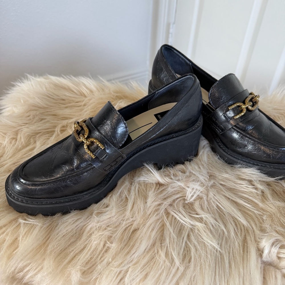 Dolce Vita Black Chunky Lug Sole Loafers Gold Chain Platform Shoes Size 8